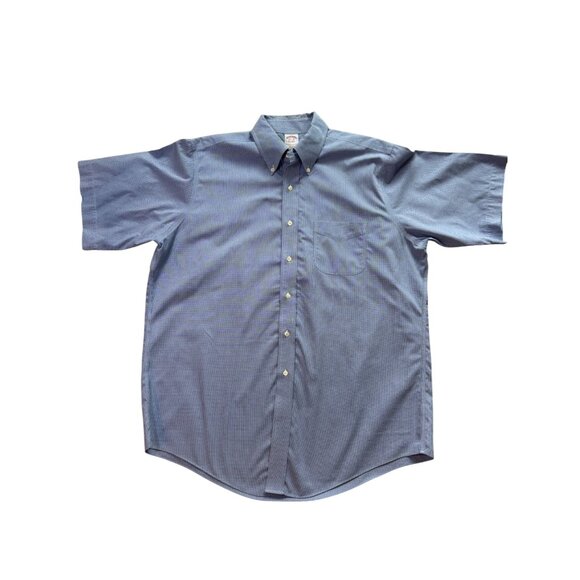 Brooks Brothers Short Sleeve Dress Shirt 16.5 x 35 Blue White Mini Check Non-Iro - Picture 1 of 11